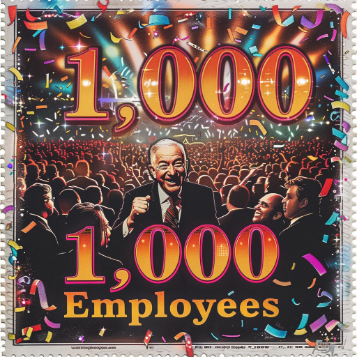 Vintage postage stamp celebrating 1,000 employees with a man in a suit cheering in front of a crowd