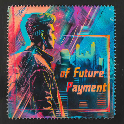 Vintage postage stamp about future payment with a man looking at a futuristic cityscape